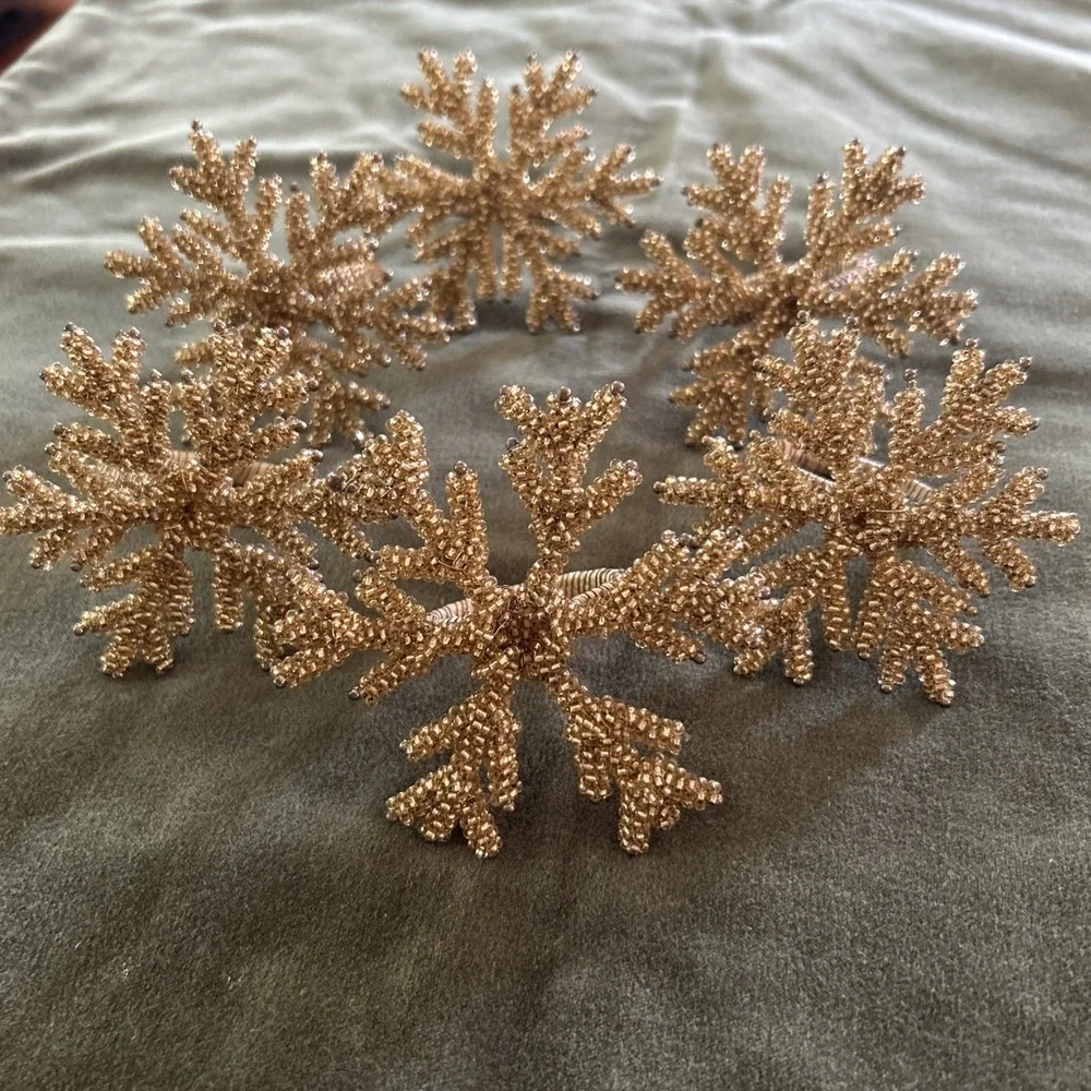 PIER 1? Jeweled & Beaded Napkin Rings Amber Gold Snowflake Clusters - Set Of 6